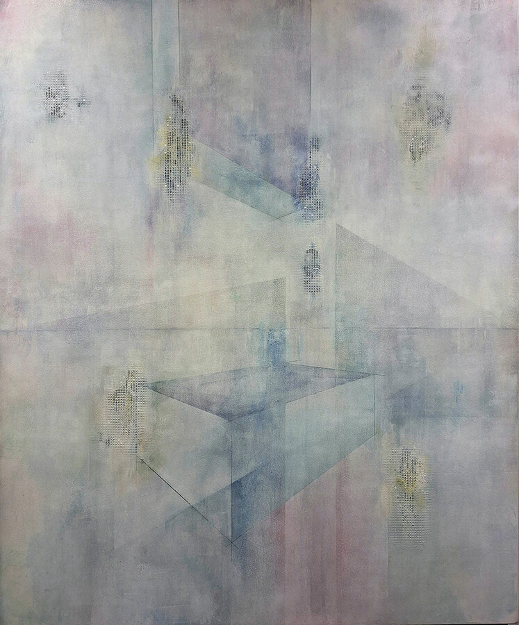 the veil, the building and the wall  80x95cm